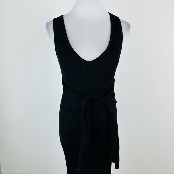 Good American Black Bodycon Ribbed Knit Tie Waist Midi Dress Size 1 Small - Picture 3 of 11
